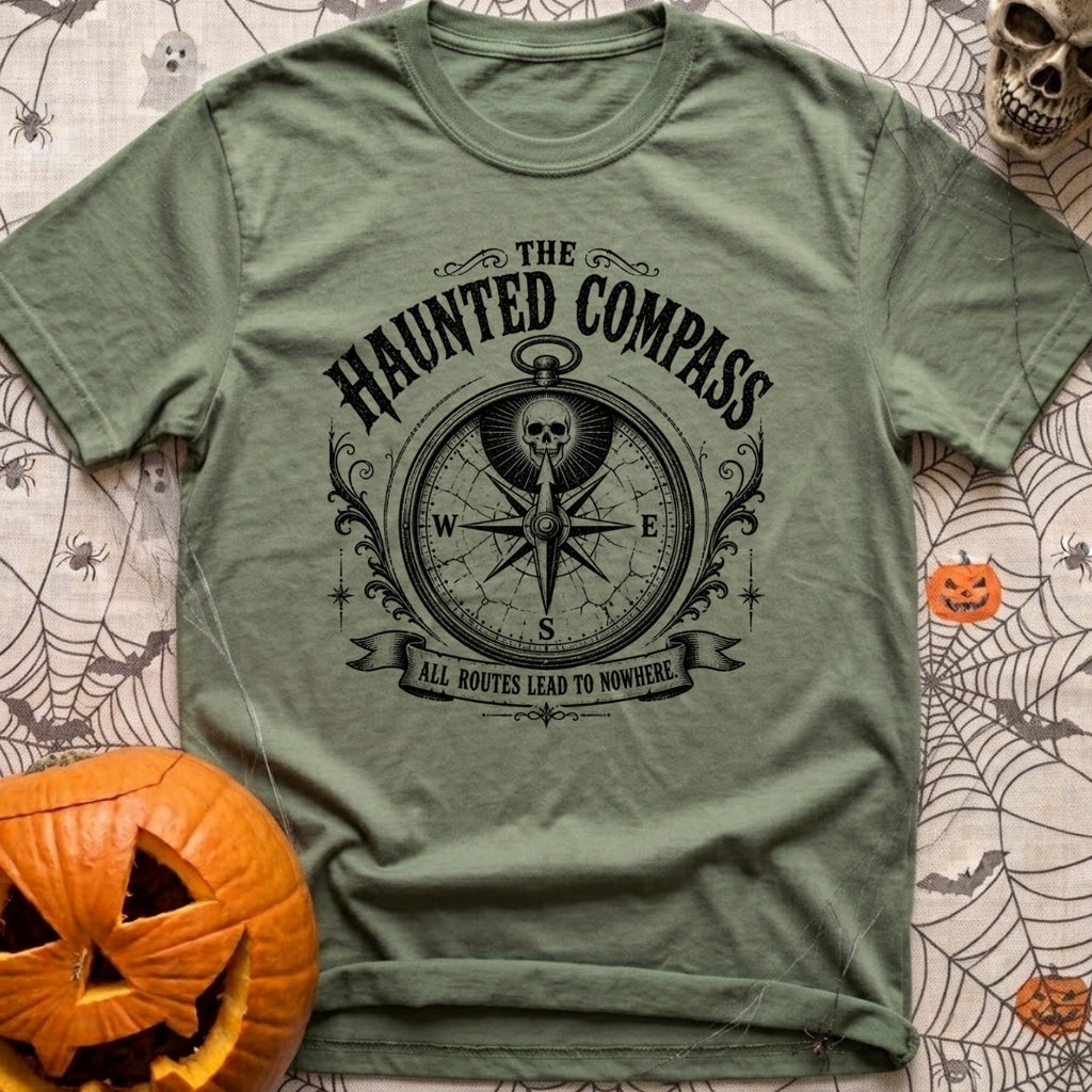 Dead Reckoning Society - T-Shirt in Moss - A black and white illustration of an ornate, vintage-style compass with a...