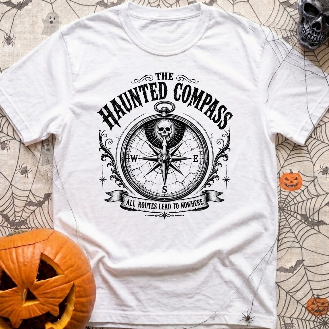 Dead Reckoning Society - T-Shirt in White - A black and white illustration of an ornate, vintage-style compass with a...