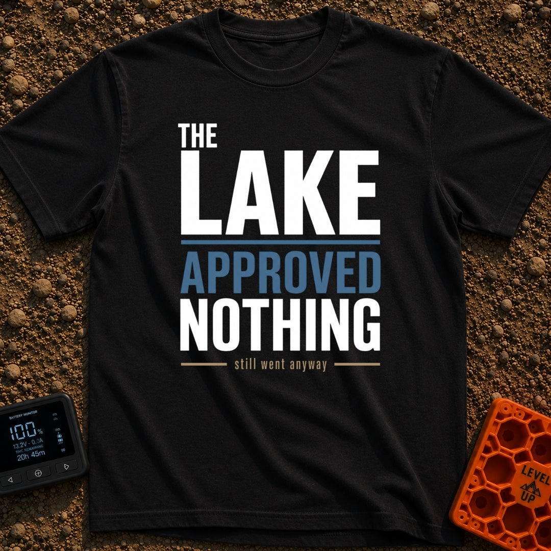 Lake Approved Doing Nothing - T-Shirt in Black - A text-based design featuring the faint white words "THE" and "LAKE"...