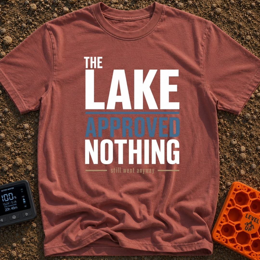Lake Approved Doing Nothing - T-Shirt in Brick - A text-based design featuring the faint white words "THE" and "LAKE"...