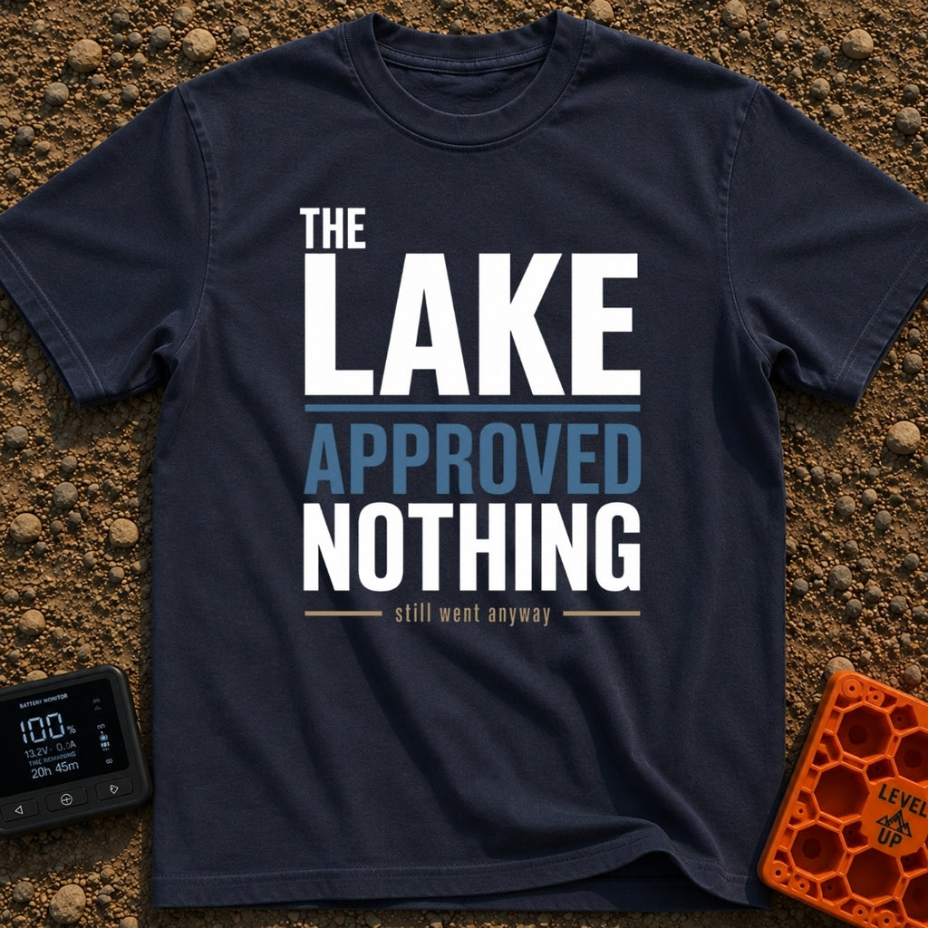 Lake Approved Doing Nothing - T-Shirt in Navy - A text-based design featuring the faint white words "THE" and "LAKE"...