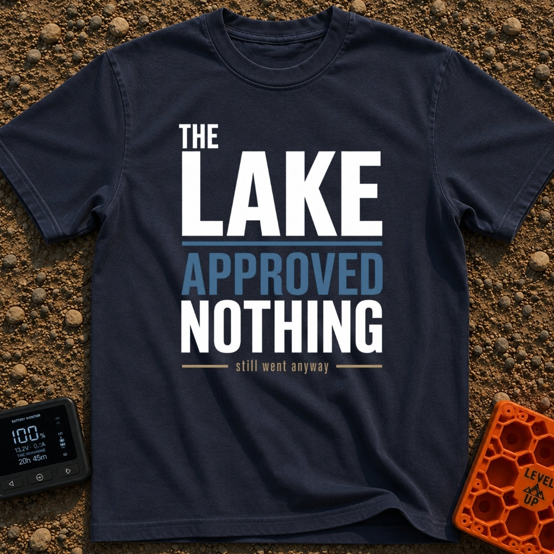 Lake Approved Doing Nothing - T-Shirt in Navy - A text-based design featuring the faint white words "THE" and "LAKE"...