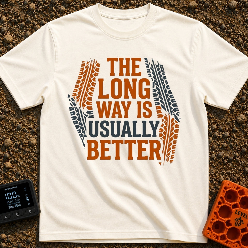 Take The Long Way - T-Shirt in Ivory - A typographic design featuring the text "THE LONG WAY IS USUALLY BETTER" in bold...
