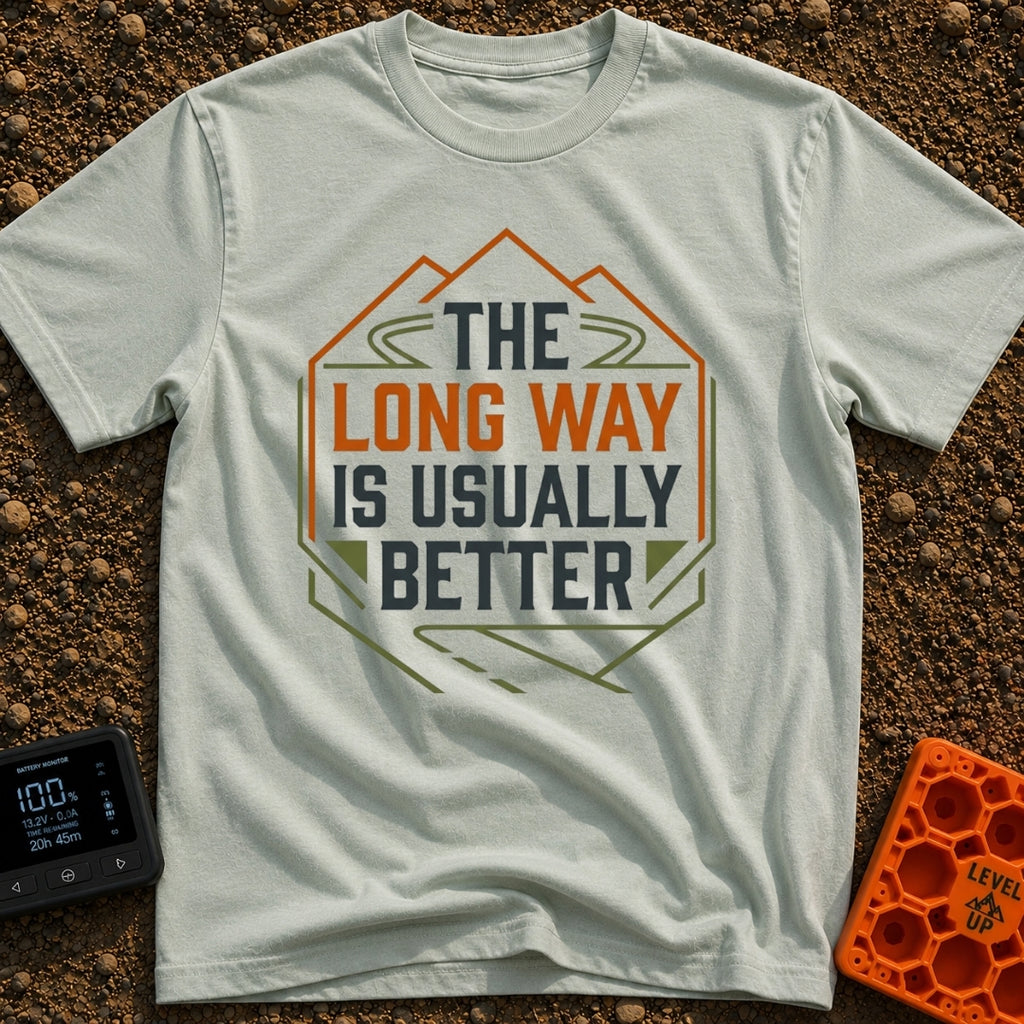 Take The Long Way - T-Shirt in Bay - A geometric badge design featuring the text "THE LONG WAY IS USUALLY BETTER" stacked...