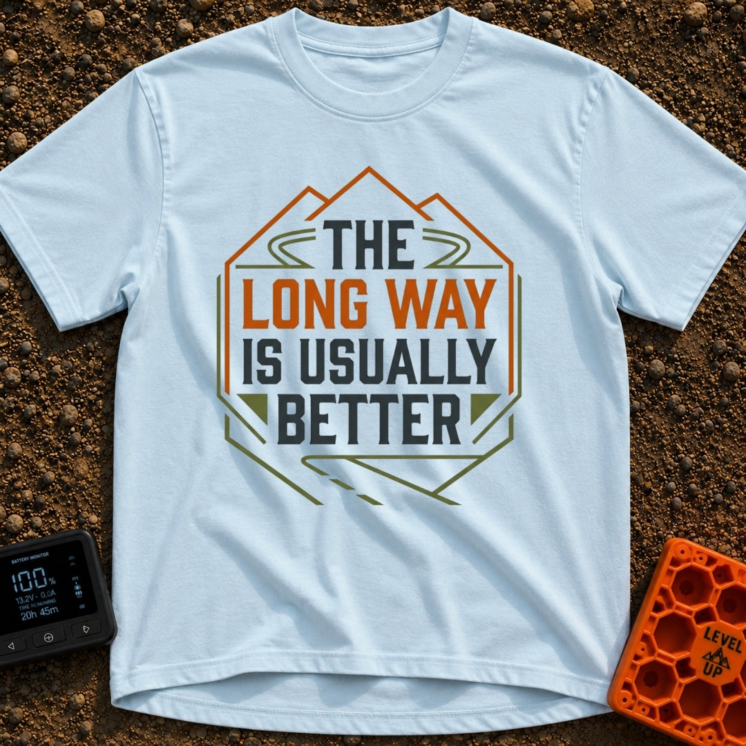 Take The Long Way - T-Shirt in Chambray - A geometric badge design featuring the text "THE LONG WAY IS USUALLY BETTER"...