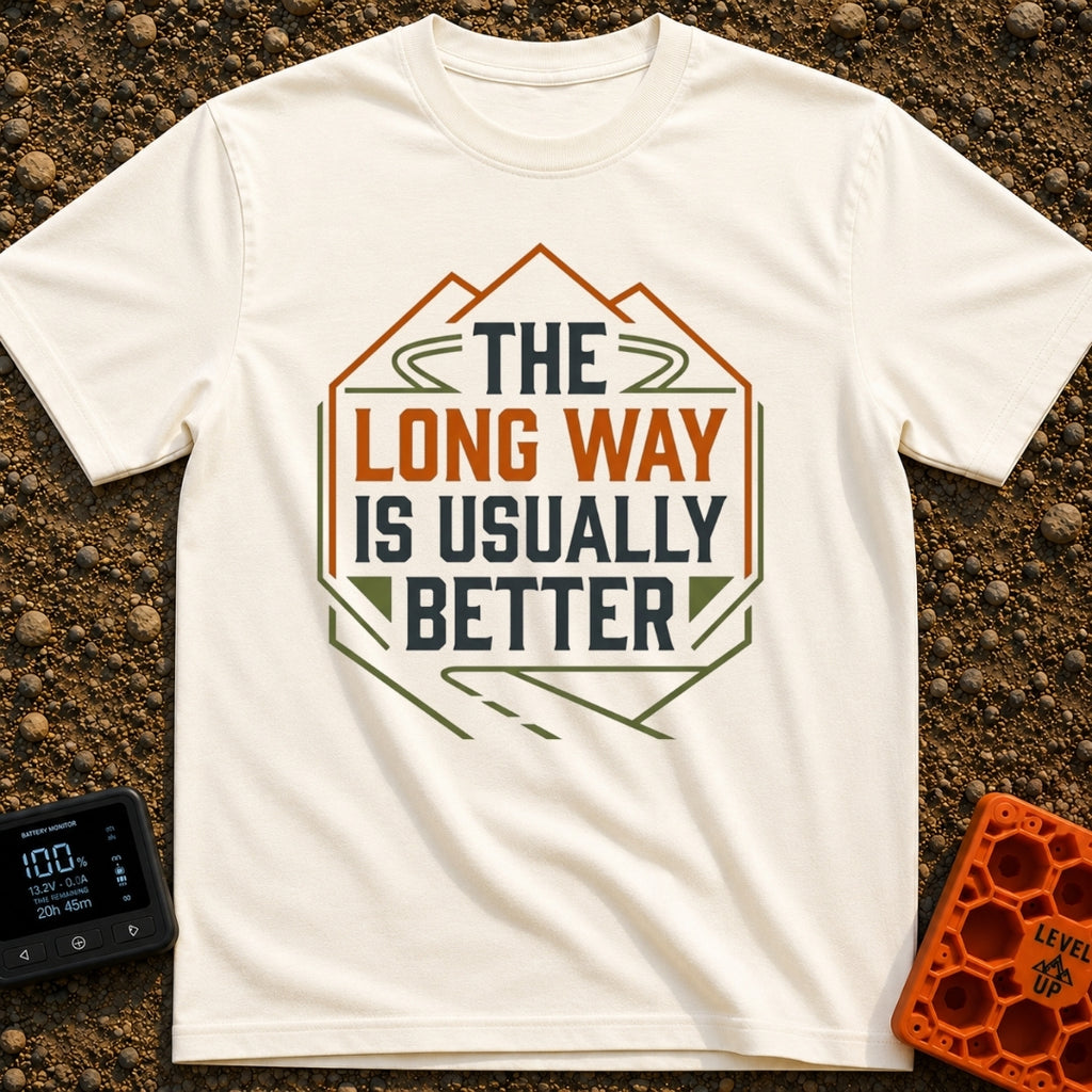 Take The Long Way - T-Shirt in Ivory - A geometric badge design featuring the text "THE LONG WAY IS USUALLY BETTER"...