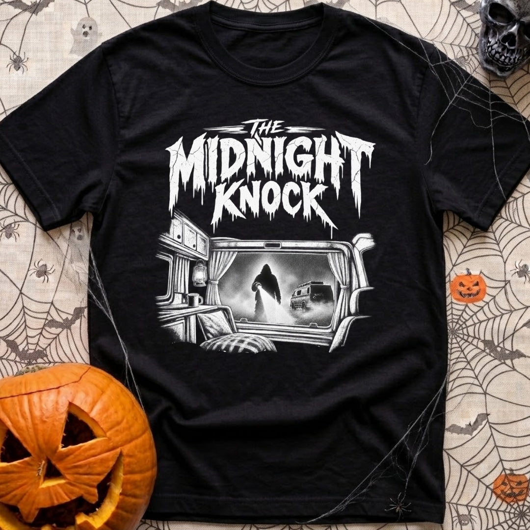 Fear The Knock - T-Shirt in Black - A black and white illustration looking from the inside of a camper out the window,...