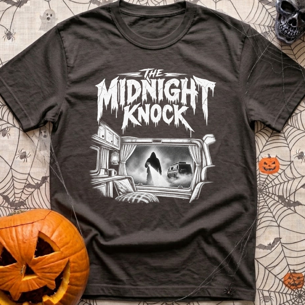 Fear The Knock - T-Shirt in Graphite - A black and white illustration looking from the inside of a camper out the window,...