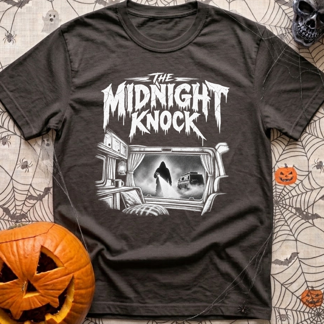 Fear The Knock - T-Shirt in Graphite - A black and white illustration looking from the inside of a camper out the window,...