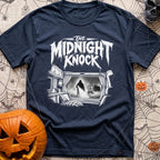 Fear The Knock - T-Shirt in Navy - A black and white illustration looking from the inside of a camper out the window,...