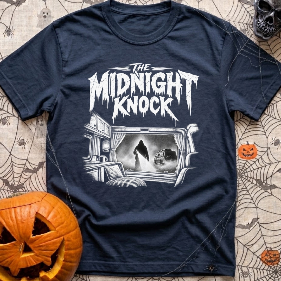 Fear The Knock - T-Shirt in Navy - A black and white illustration looking from the inside of a camper out the window,...