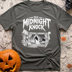 Fear The Knock - T-Shirt in Pepper - A black and white illustration looking from the inside of a camper out the window,...
