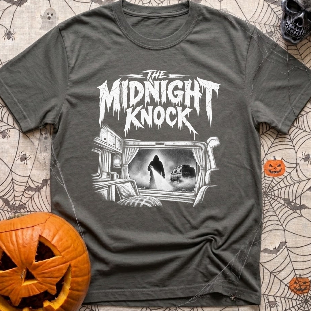 Fear The Knock - T-Shirt in Pepper - A black and white illustration looking from the inside of a camper out the window,...