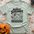 What Was That Noise - T-Shirt in Bay - A black-and-white illustration styled like a vintage horror poster, featuring a...
