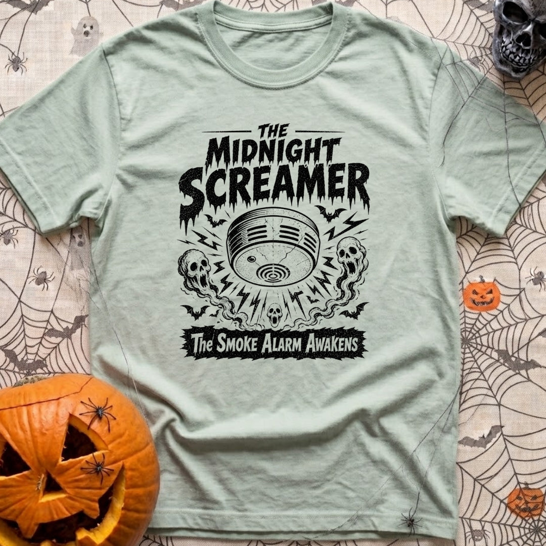 What Was That Noise - T-Shirt in Bay - A black-and-white illustration styled like a vintage horror poster, featuring a...