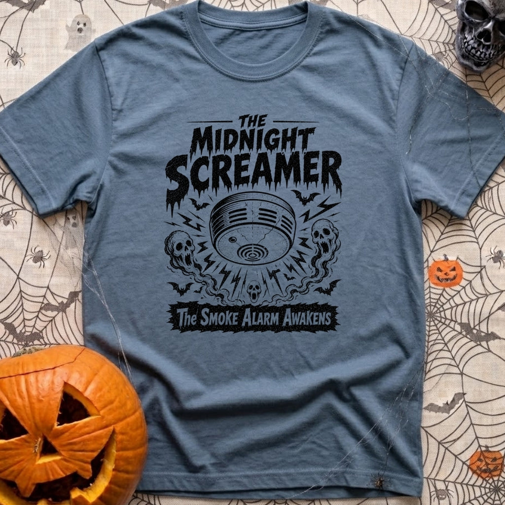 What Was That Noise - T-Shirt in Blue Jean - A black-and-white illustration styled like a vintage horror poster,...