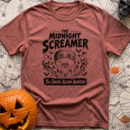 What Was That Noise - T-Shirt in Brick - A black-and-white illustration styled like a vintage horror poster, featuring a...