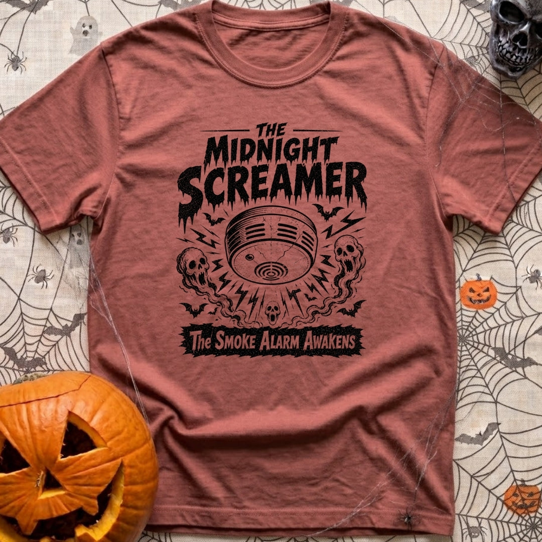 What Was That Noise - T-Shirt in Brick - A black-and-white illustration styled like a vintage horror poster, featuring a...