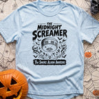 What Was That Noise - T-Shirt in Chambray - A black-and-white illustration styled like a vintage horror poster, featuring...