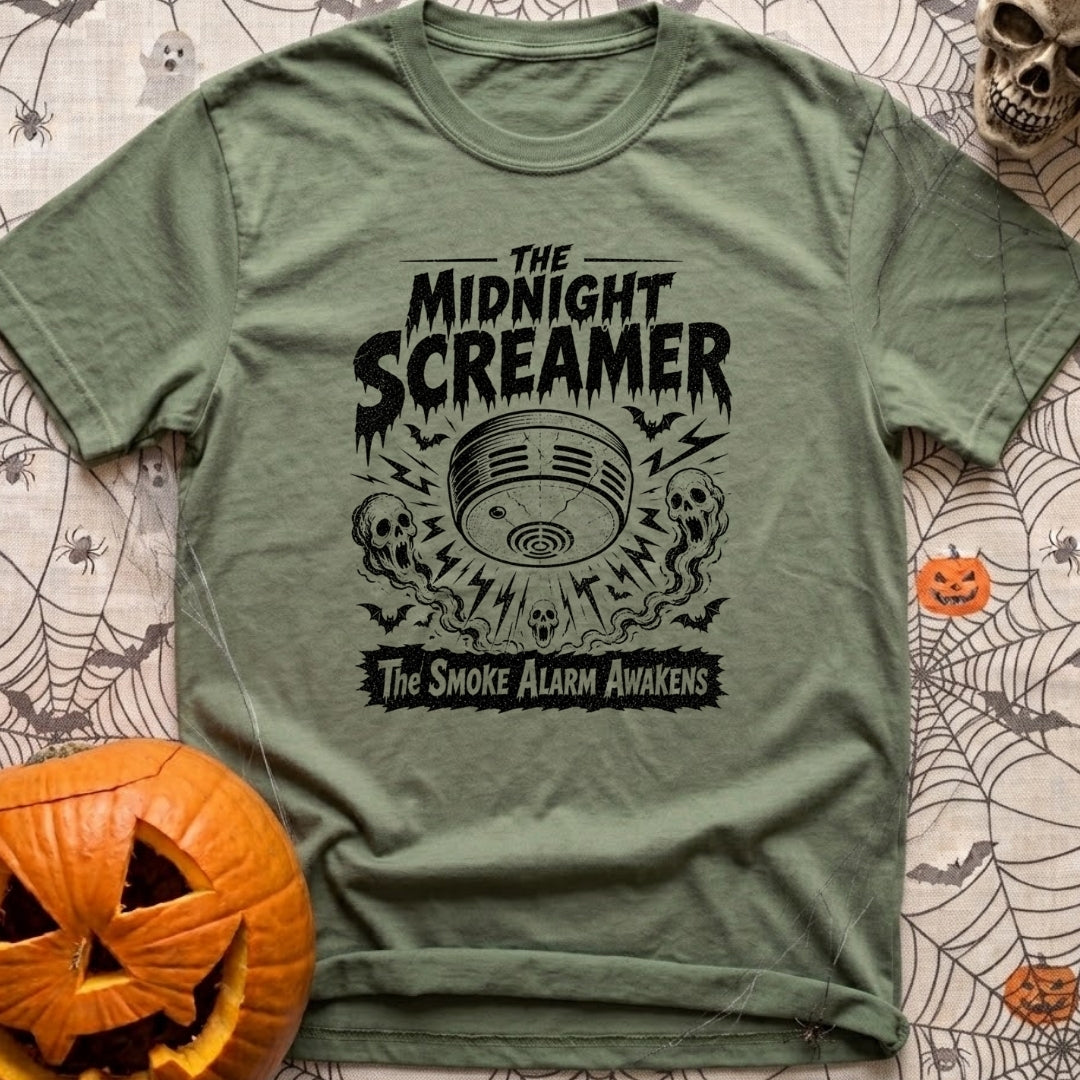 What Was That Noise - T-Shirt in Moss - A black-and-white illustration styled like a vintage horror poster, featuring a...