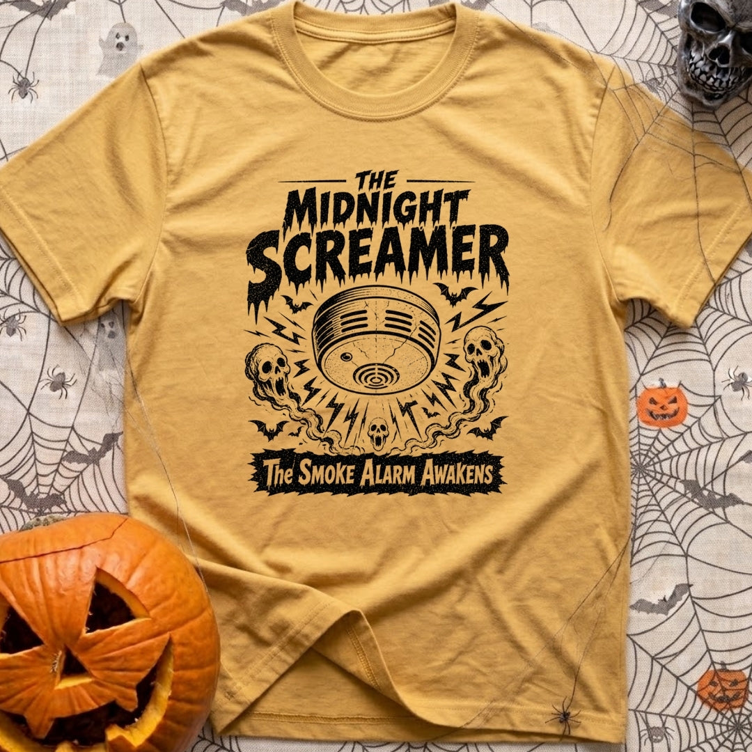 What Was That Noise - T-Shirt in Mustard - A black-and-white illustration styled like a vintage horror poster, featuring...