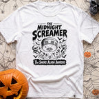 What Was That Noise - T-Shirt in White - A black-and-white illustration styled like a vintage horror poster, featuring a...