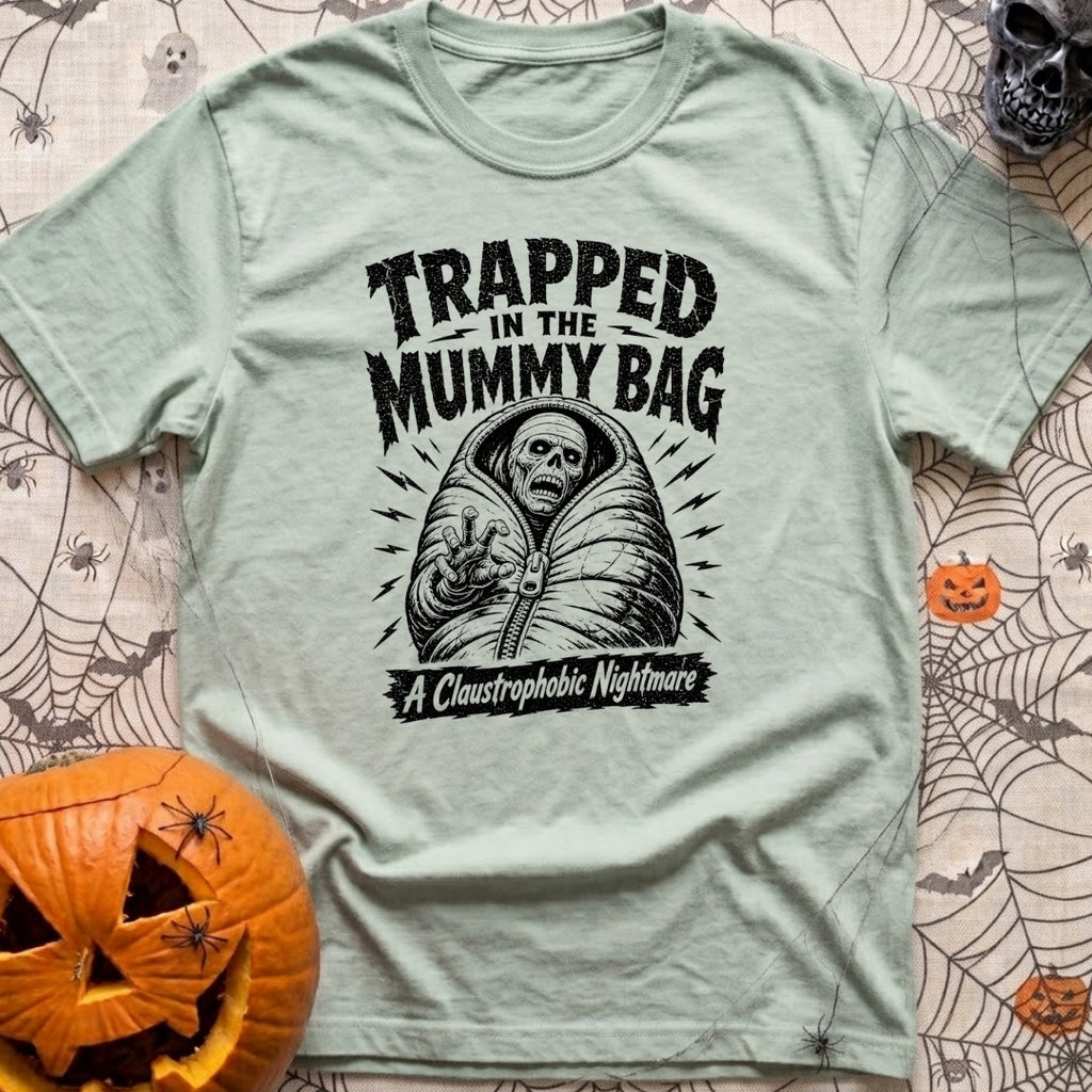 Rest In Fleece - T-Shirt in Bay - A black and white illustration of an undead skeleton trapped inside a zipped-up mummy...