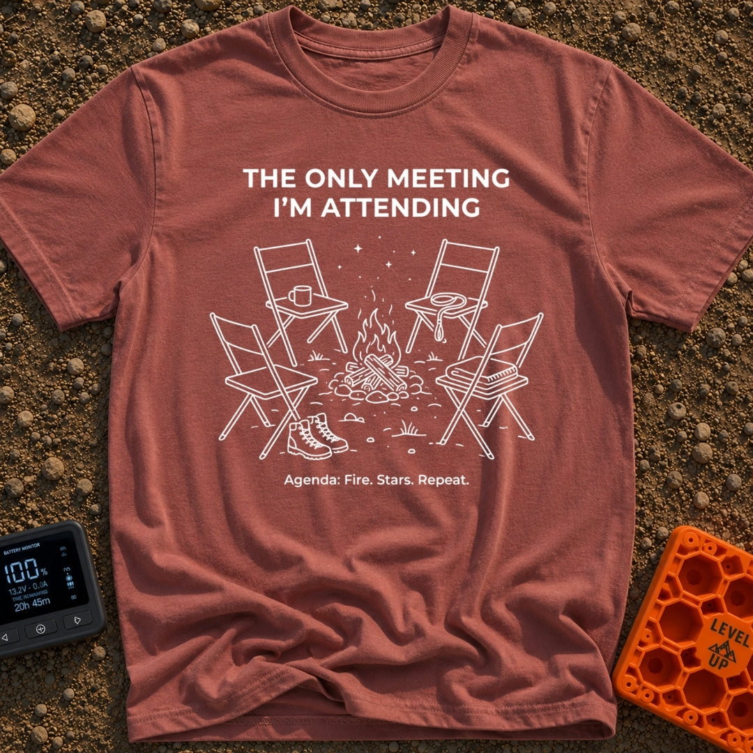 My Only Meeting - T-Shirt in Brick - A white line illustration of four empty camp chairs arranged around a campfire under...