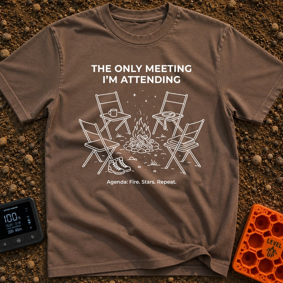 My Only Meeting - T-Shirt in Espresso - A white line illustration of four empty camp chairs arranged around a campfire...