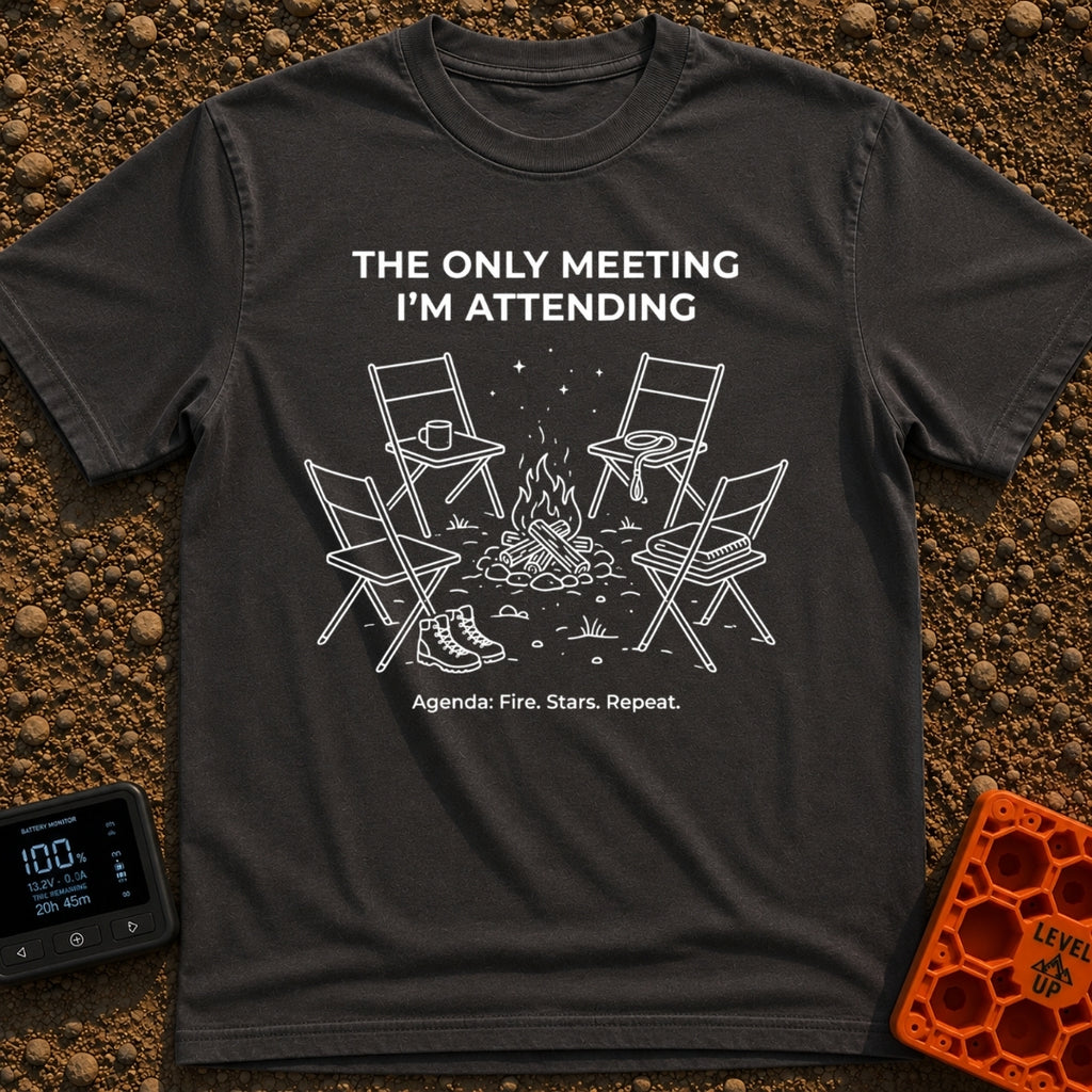 My Only Meeting - T-Shirt in Graphite - A white line illustration of four empty camp chairs arranged around a campfire...