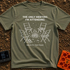 My Only Meeting - T-Shirt in Moss - A white line illustration of four empty camp chairs arranged around a campfire under...
