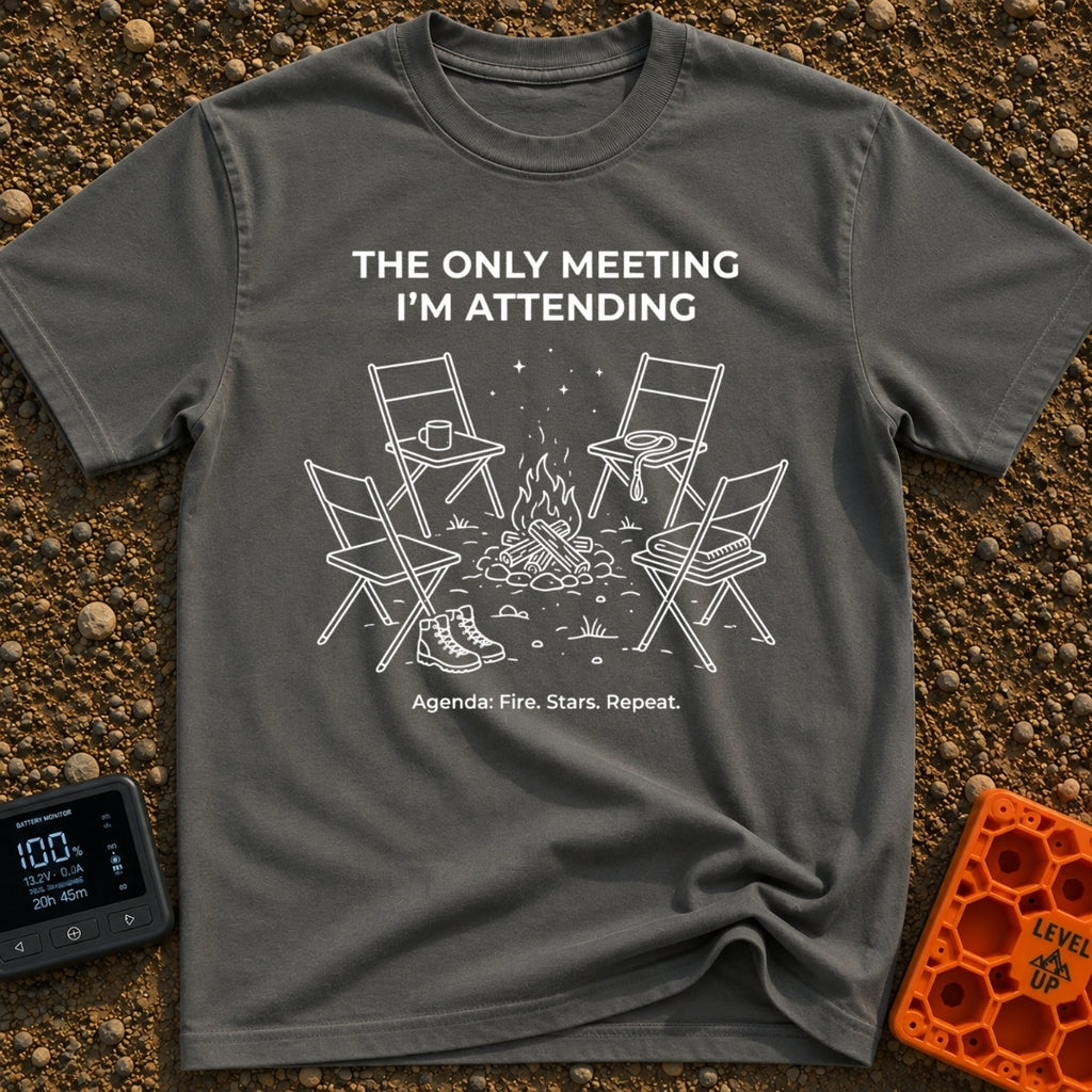 My Only Meeting - T-Shirt in Pepper - A white line illustration of four empty camp chairs arranged around a campfire...
