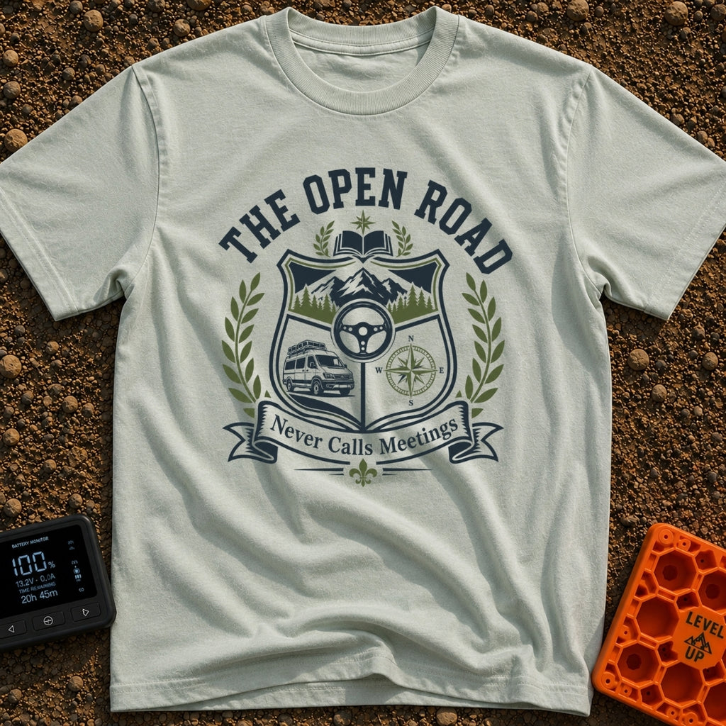 Roads Over Meetings - T-Shirt in Bay - A heraldic crest design featuring a mountain range with pine trees, a steering...