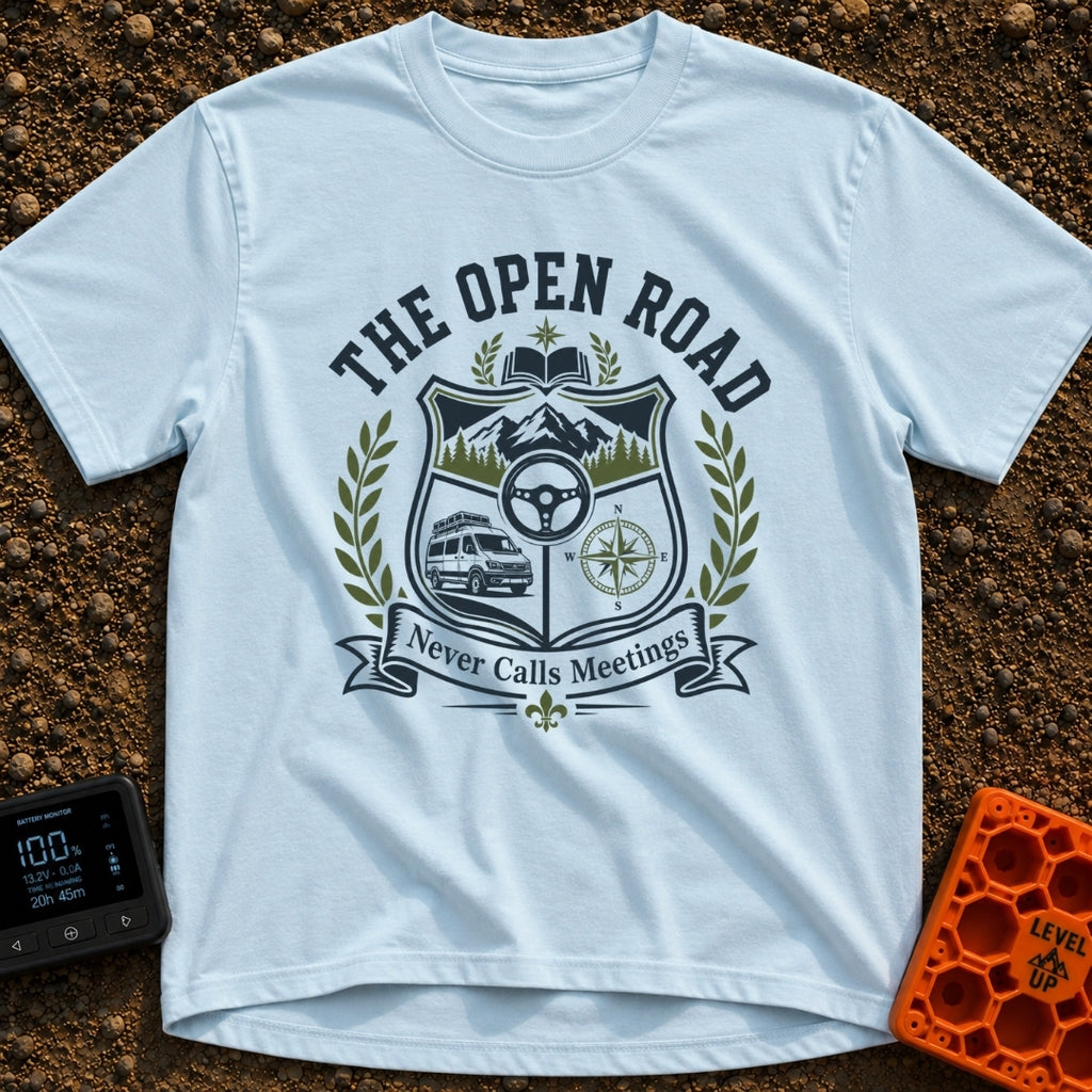 Roads Over Meetings - T-Shirt in Chambray - A heraldic crest design featuring a mountain range with pine trees, a...