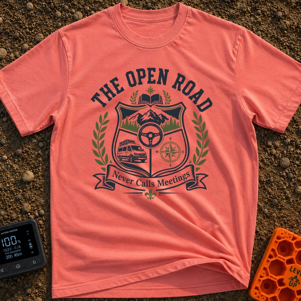Roads Over Meetings - T-Shirt in Watermelon - A heraldic crest design featuring a mountain range with pine trees, a...