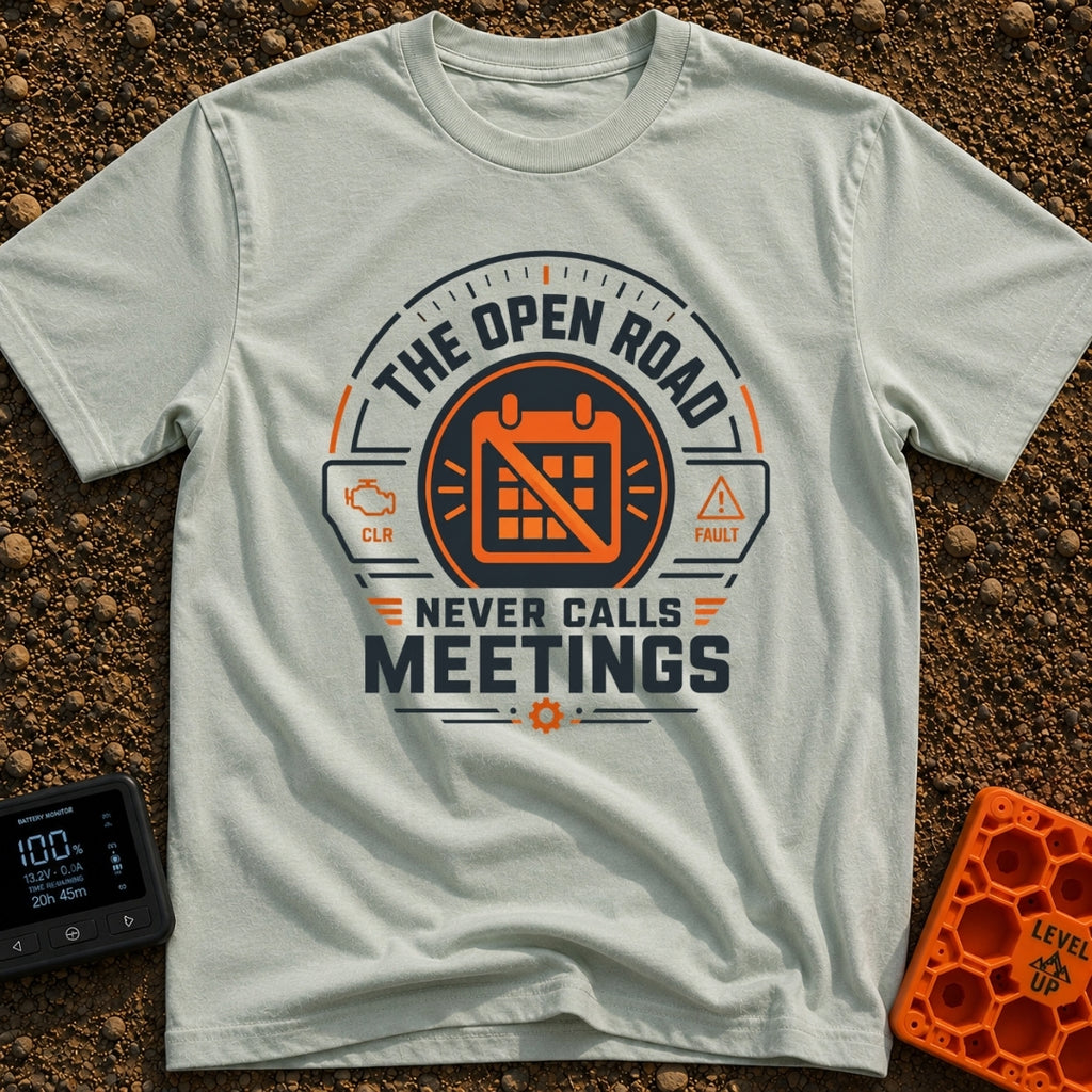 Zero Meetings Ahead - T-Shirt in Bay - A circular, dashboard gauge-style badge featuring an orange calendar with a...