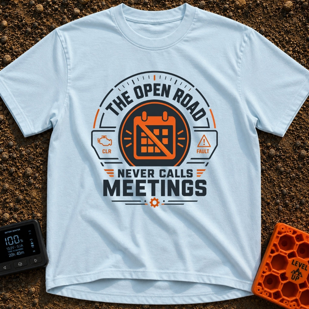 Zero Meetings Ahead - T-Shirt in Chambray - A circular, dashboard gauge-style badge featuring an orange calendar with a...