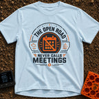 Zero Meetings Ahead - T-Shirt in Chambray - A circular, dashboard gauge-style badge featuring an orange calendar with a...