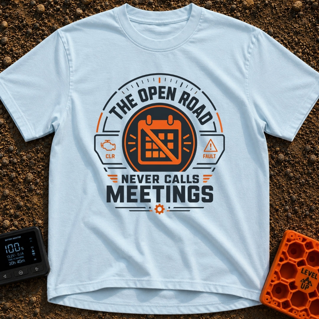 Zero Meetings Ahead - T-Shirt in Chambray - A circular, dashboard gauge-style badge featuring an orange calendar with a...