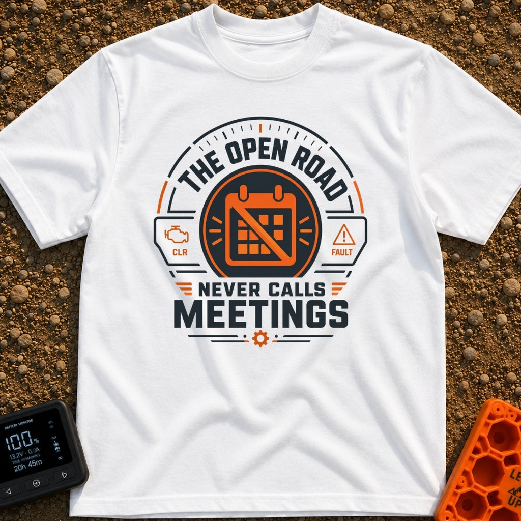Zero Meetings Ahead - T-Shirt in White - A circular, dashboard gauge-style badge featuring an orange calendar with a...