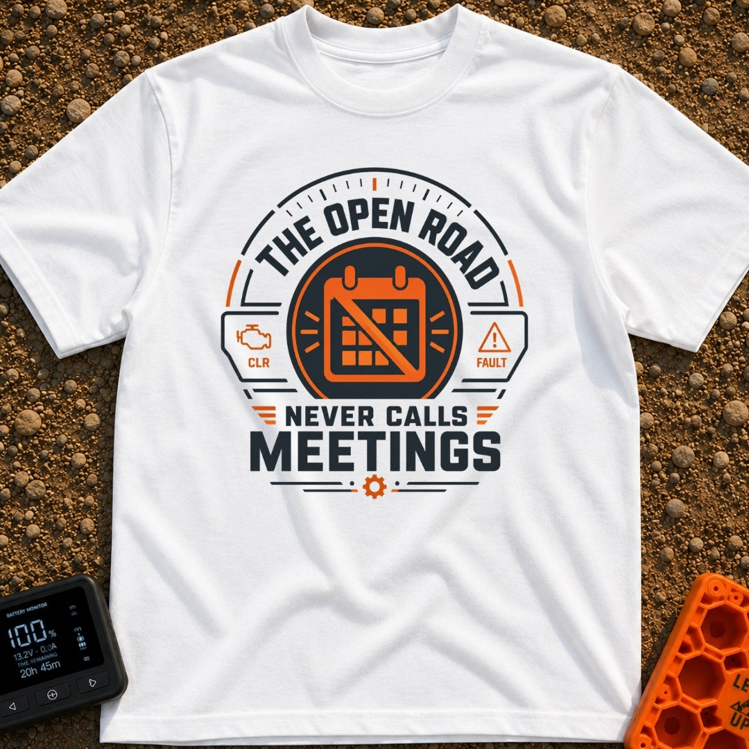 Zero Meetings Ahead - T-Shirt in White - A circular, dashboard gauge-style badge featuring an orange calendar with a...