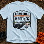 Roadtrips Not Meetings - T-Shirt in Chambray - A crest-style design featuring a white camper van driving on a mountain...