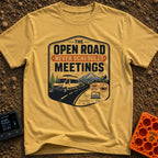 Roadtrips Not Meetings - T-Shirt in Mustard - A crest-style design featuring a white camper van driving on a mountain...