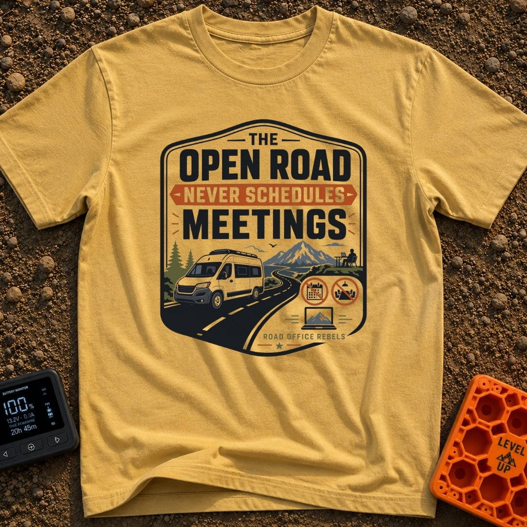 Roadtrips Not Meetings - T-Shirt in Mustard - A crest-style design featuring a white camper van driving on a mountain...