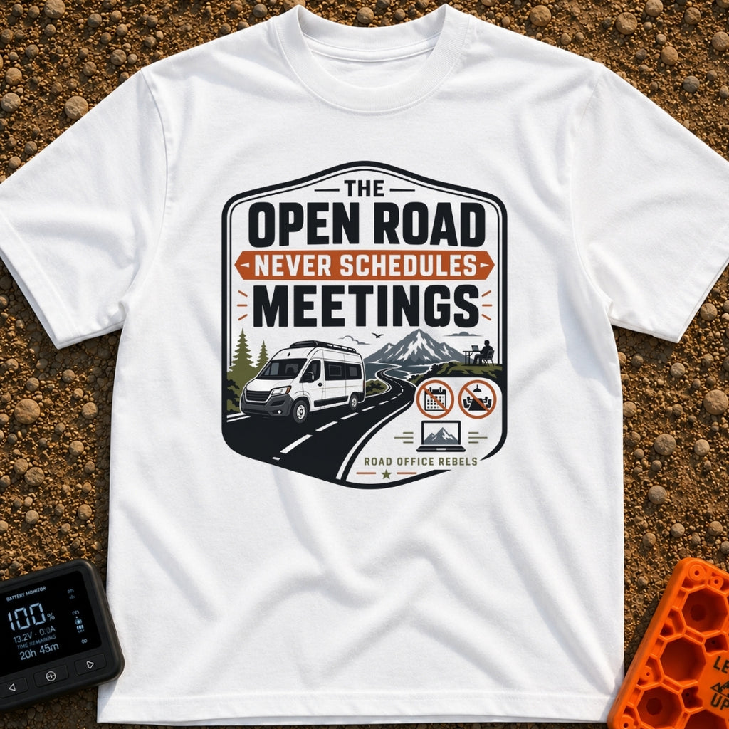 Roadtrips Not Meetings - T-Shirt in White - A crest-style design featuring a white camper van driving on a mountain road...