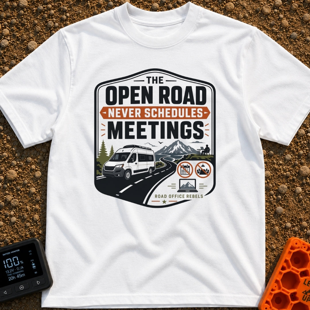 Roadtrips Not Meetings - T-Shirt in White - A crest-style design featuring a white camper van driving on a mountain road...