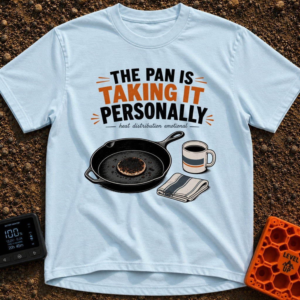 Skillet's Grudge Match - T-Shirt in Chambray - An illustration of a cast iron skillet holding a severely burnt pancake,...