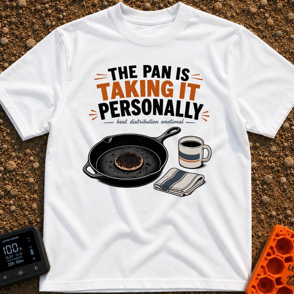 Skillet's Grudge Match - T-Shirt in White - An illustration of a cast iron skillet holding a severely burnt pancake,...
