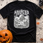 Phantom Of The Road - T-Shirt in Black - A detailed grayscale illustration of a camper van driving down a misty,...