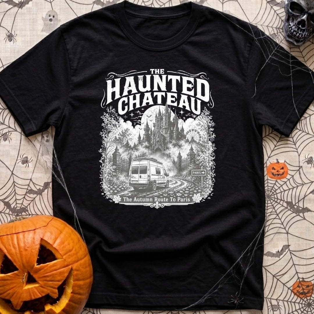 Phantom Of The Road - T-Shirt in Black - A detailed grayscale illustration of a camper van driving down a misty,...